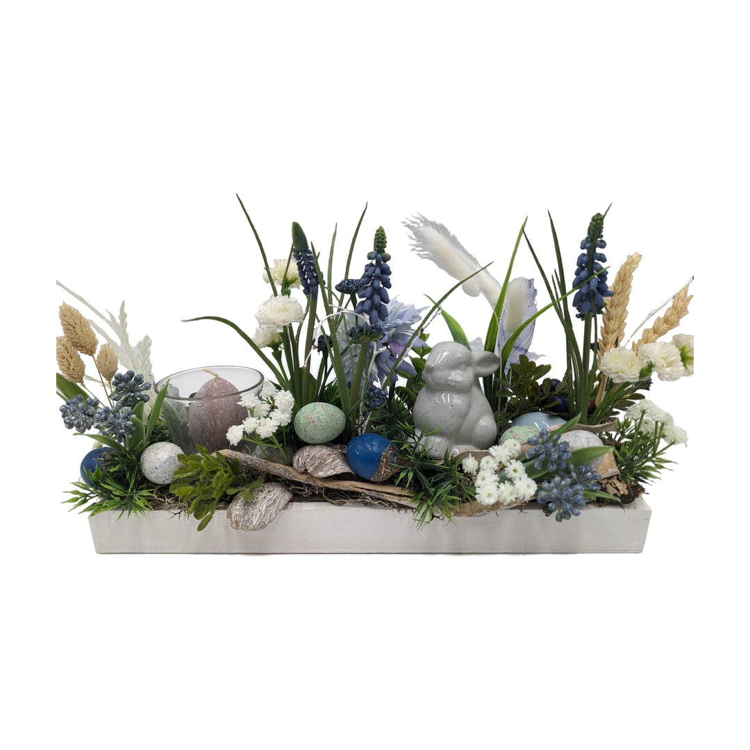 Freigestellt Ostergesteck Frühlingsgesteck Hase Teelicht Ostereier blau weiß