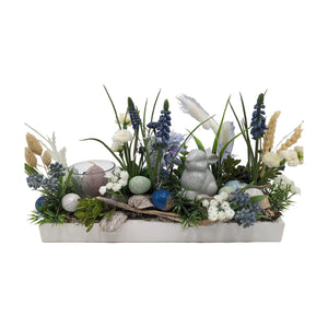 Freigestellt Ostergesteck Frühlingsgesteck Hase Teelicht Ostereier blau weiß