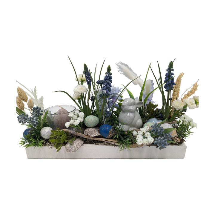 Freigestellt Ostergesteck Frühlingsgesteck Hase Teelicht Ostereier blau weiß