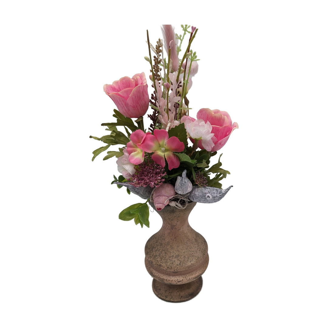 Freigestellt Frühlingsgesteck Vase Mohn Gräser Blüten rosa