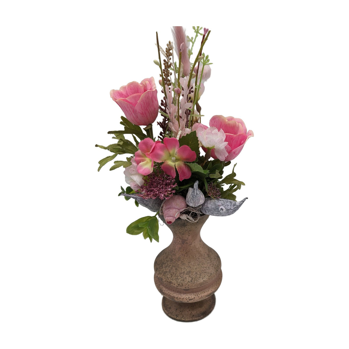 Freigestellt Frühlingsgesteck Vase Mohn Gräser Blüten rosa