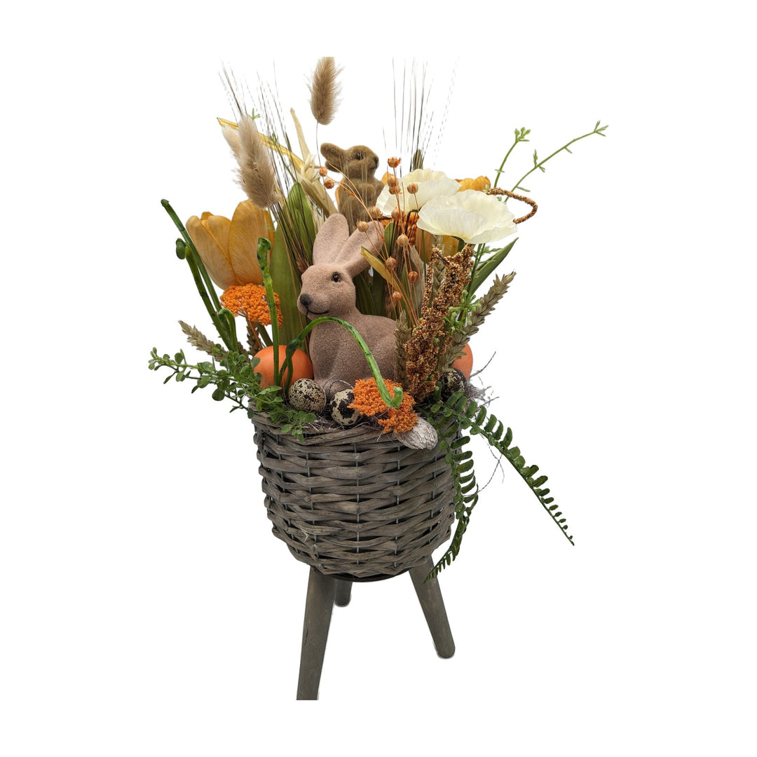 Freigestellt Ostergesteck Frühlingsgesteck Tulpen Hase Gräser orange creme