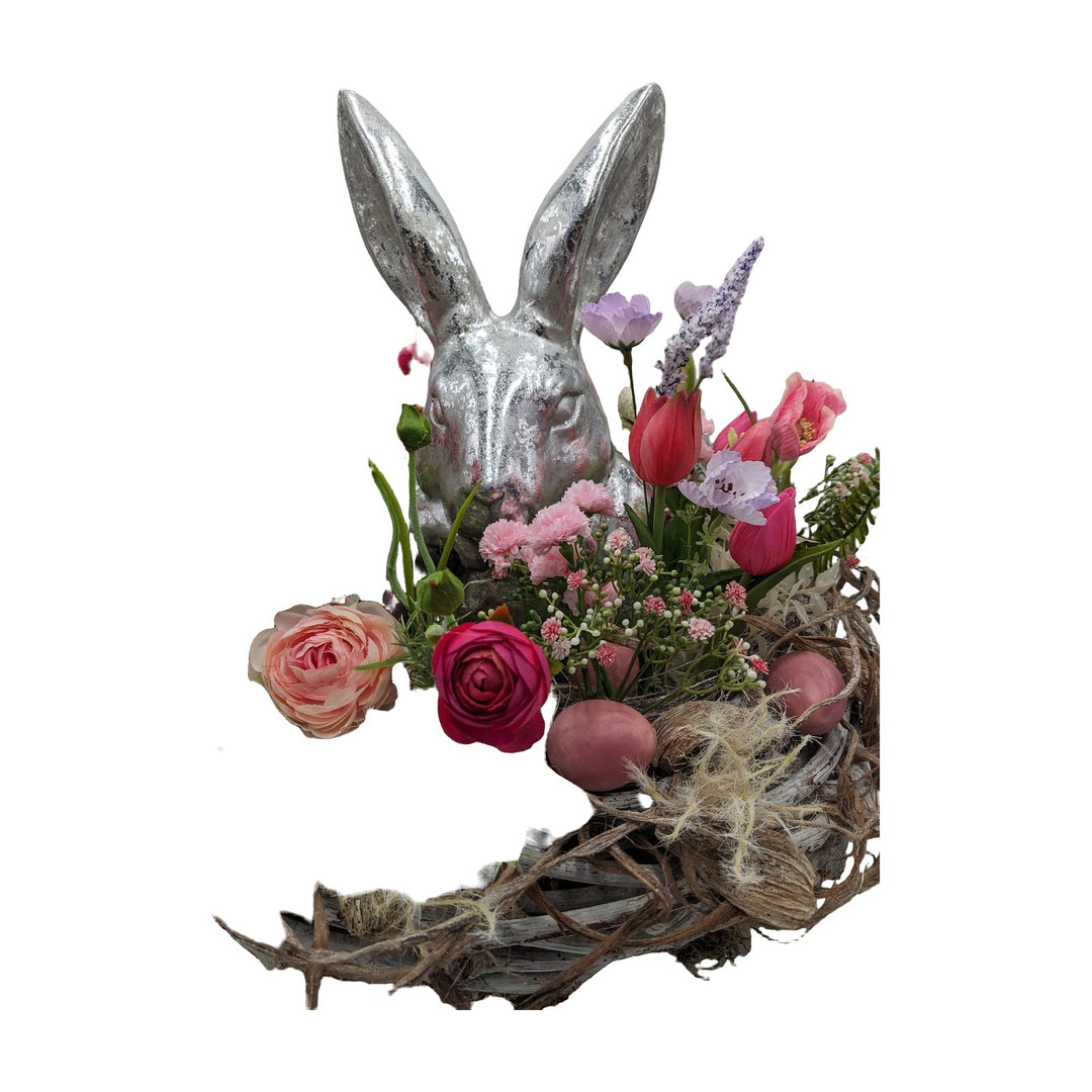 Freigestellt Ostergesteck Frühlingsgesteck Hase Tulpen Ranunkeln rosa silber