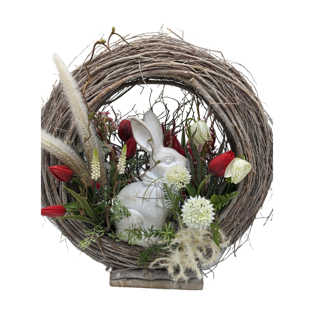 Freigestellt Ostergesteck Frühlingsgesteck Tulpen Hase rot weiß