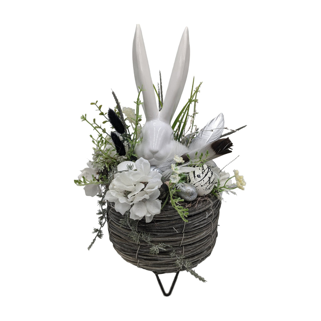 Freigestellt Ostergesteck Frühlingsgesteck Hase Blüten Gräser schwarz weiss