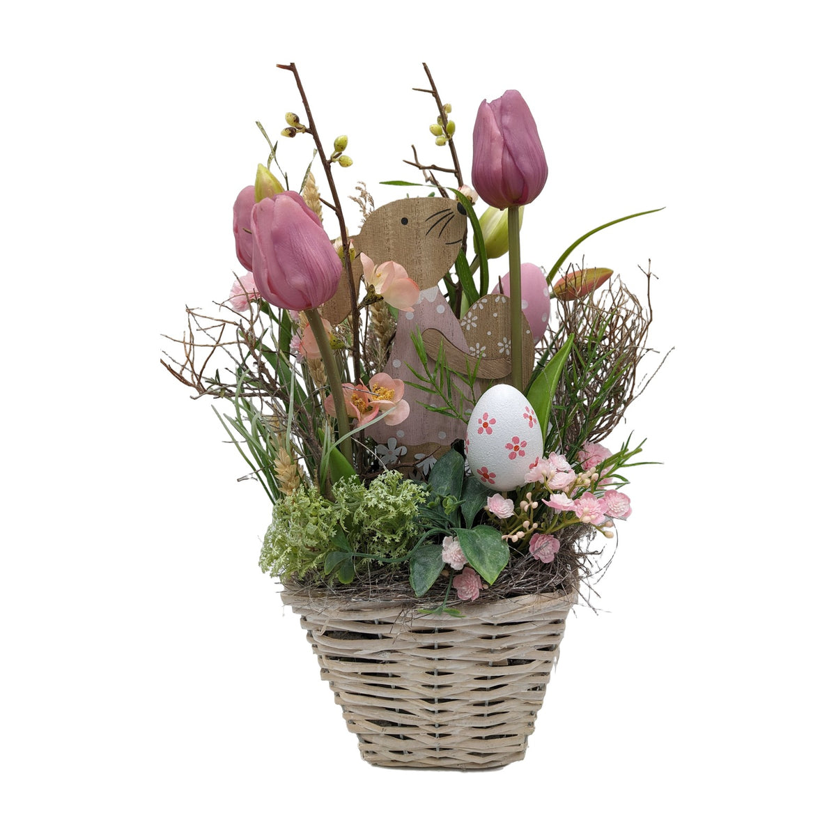 Freigestellt Ostergesteck Frühlingsgesteck Tulpen Hase Ei rosa