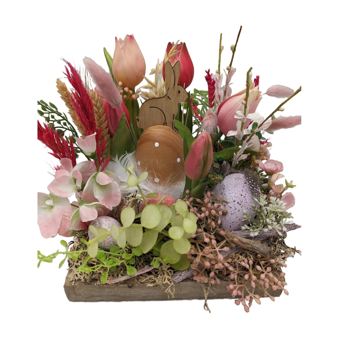 Freigestellt Ostergesteck Frühlingsgesteck Tulpen Hase Gräser rosa