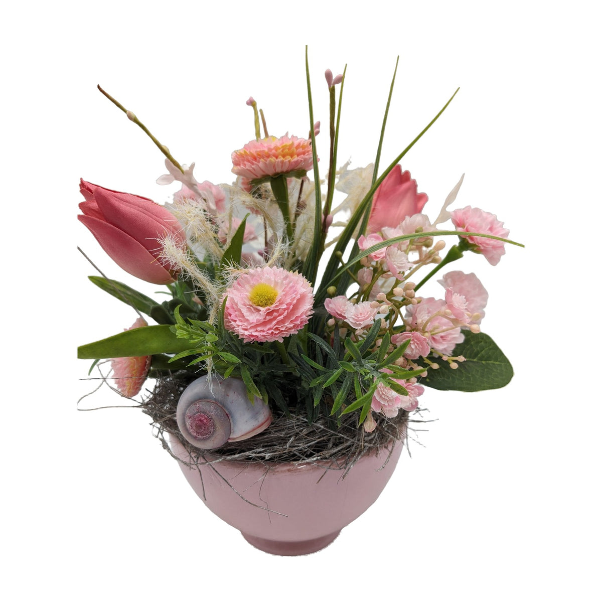 Freigestellt Frühlingsgesteck Tulpen Bellis Gräser rosa mit Schneckenhaus