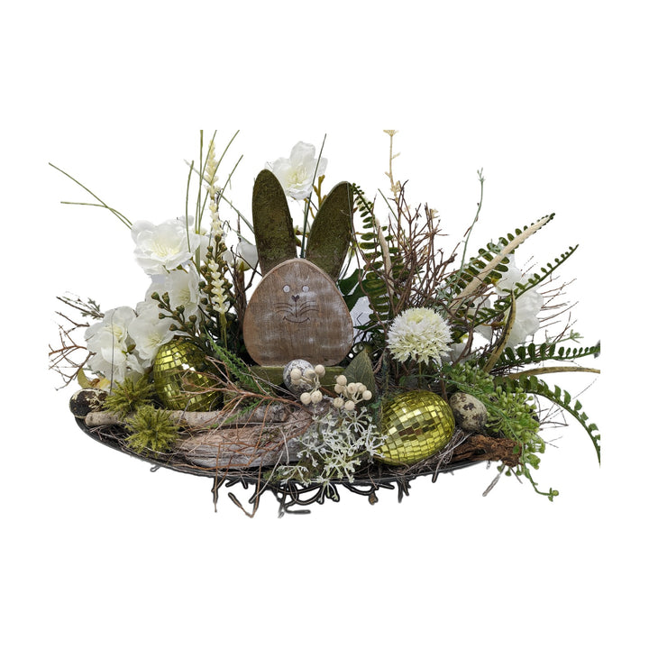 Freigestellt Ostergesteck Frühlingsgesteck Kirschblüte Hase weiss grün