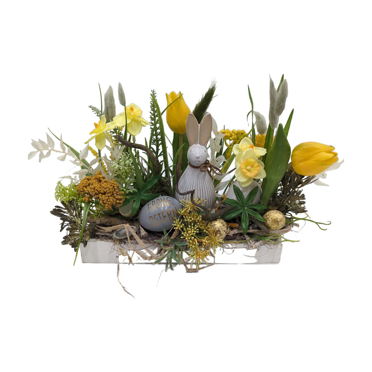 Freigestellt Ostergesteck Frühlingsgesteck Tulpen Narzissen Hase gelb