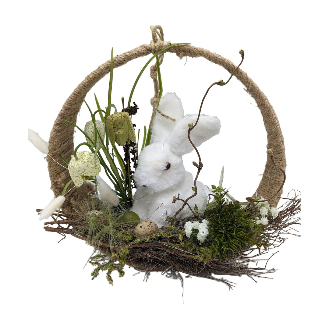 Freigestellt Ostergesteck Frühlingsgesteck Hase Schachbrettblumen Eier weiss grün