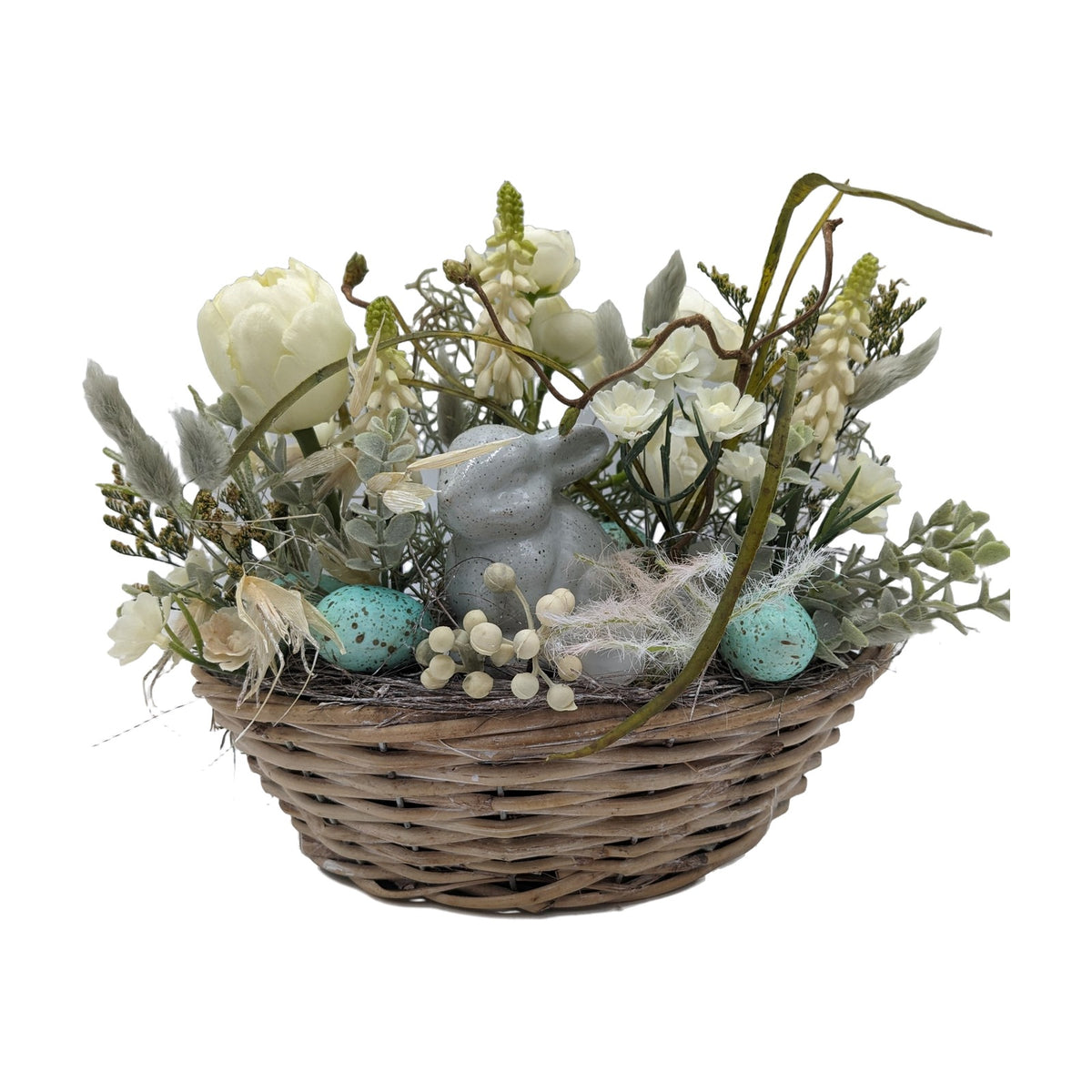 Freigestellt Ostergesteck Frühlingsgesteck Ranunkel Hase Gräser weiss