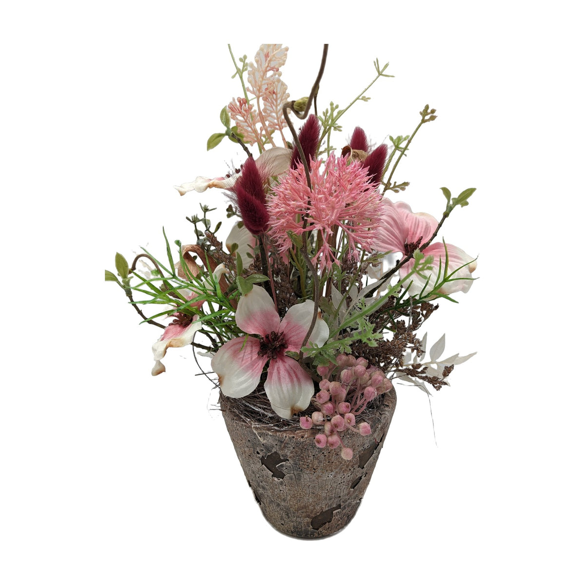 Freigestellt Frühlingsgesteck Blüten Gräser Beeren rosa creme