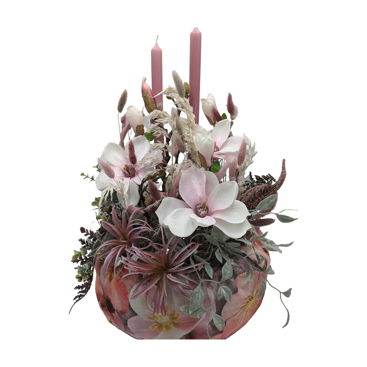 Freigestellt Frühlingsgesteck Magnolien Gräser Kerzen rosa creme