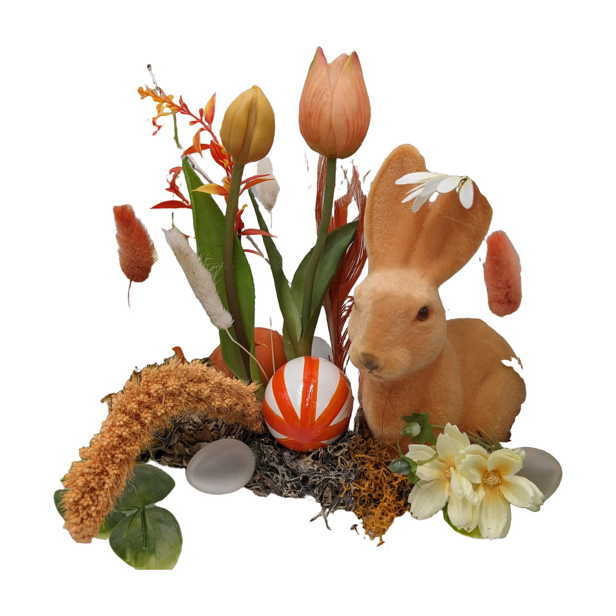 Freigestellt Ostergesteck Frühlingsgesteck Hase Tulpen Teelicht orange weiß