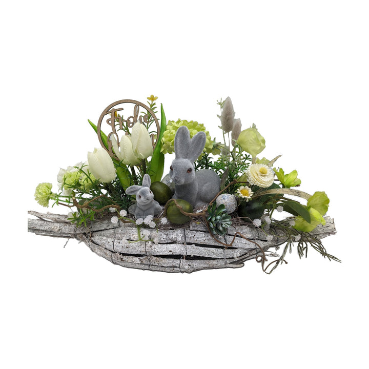 Freigestellt Ostergesteck Frühlingsgesteck Tulpen Hasen Eier weiss grün