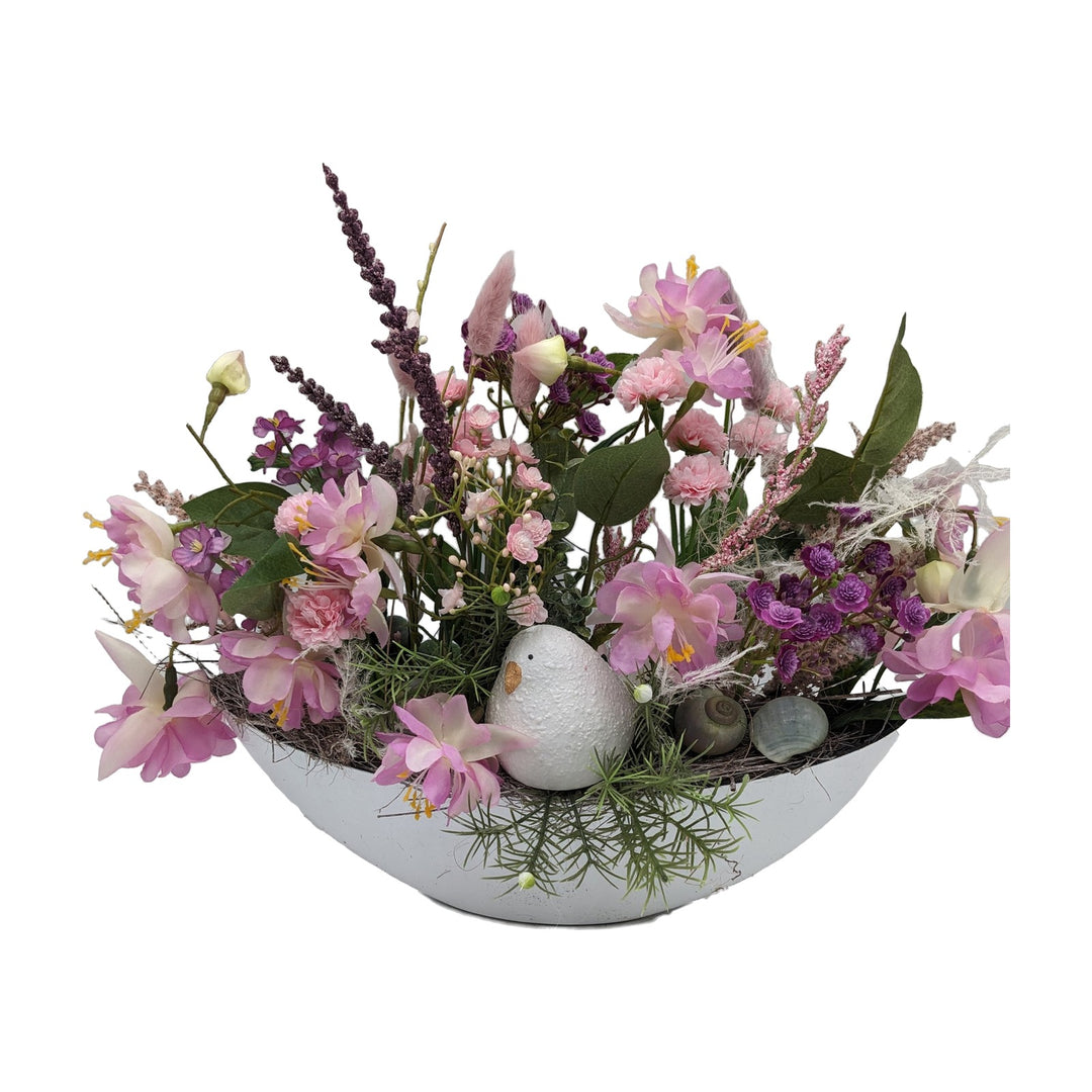 Freigestellt Frühlingsgesteck Vogel Blüten Gräser rosa lila
