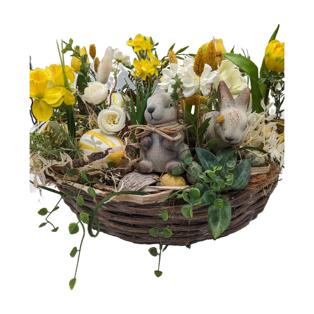 Freigestellt Ostergesteck Frühlingsgesteck Tulpen Narzissen Hasen gelb weiß