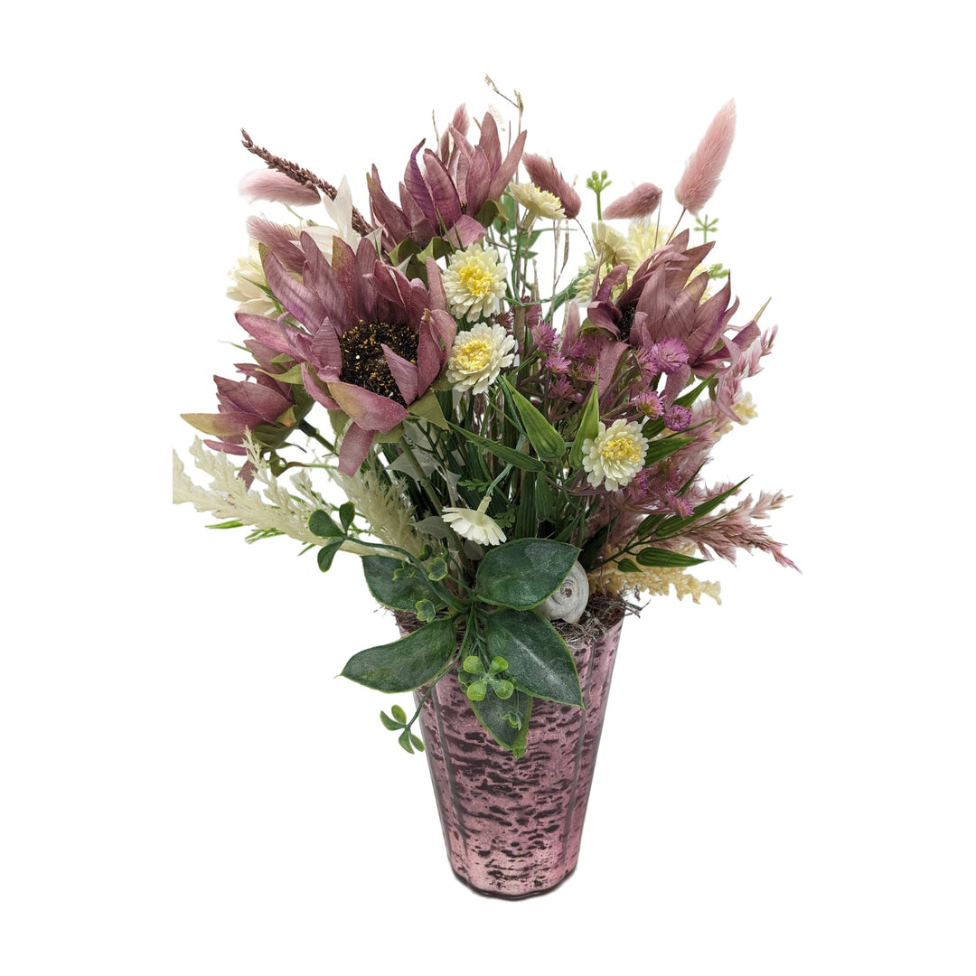 Freigestellt Frühlingsgesteck Sonnenblumen Gräser rosa weiß in Glasvase