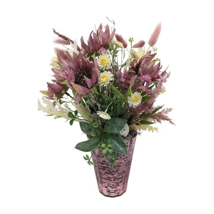 Freigestellt Frühlingsgesteck Sonnenblumen Gräser rosa weiß in Glasvase