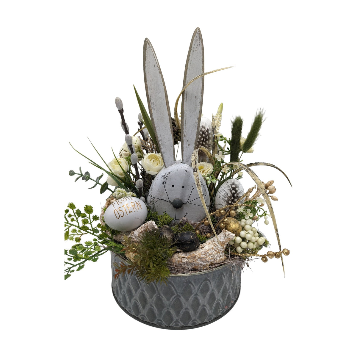 Freigestellt Ostergesteck Frühlingsgesteck Hase Ranunkel Bellis weiß grün
