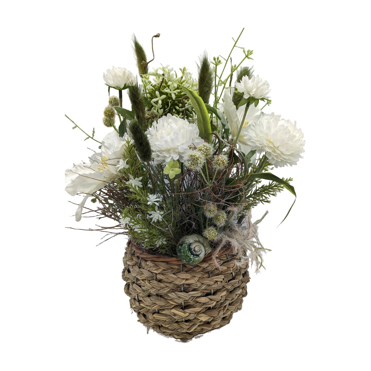 Freigestellt Frühlingsgesteck Dahlien Gräser Korb weiss grün