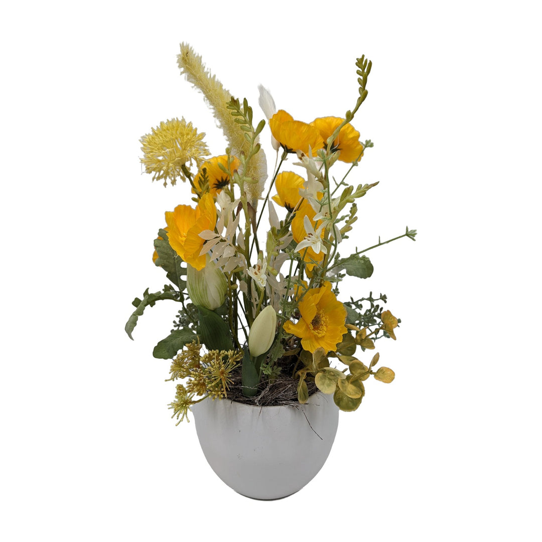 Freigestellt Frühlingsgesteck Mohnblumen Tulpen Gräser gelb weiß