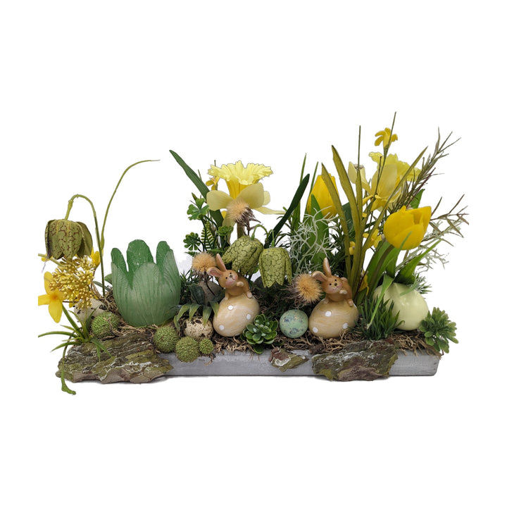 Freigestellt Ostergesteck Frühlingsgesteck Teelicht Hasen Tulpen gelb grün
