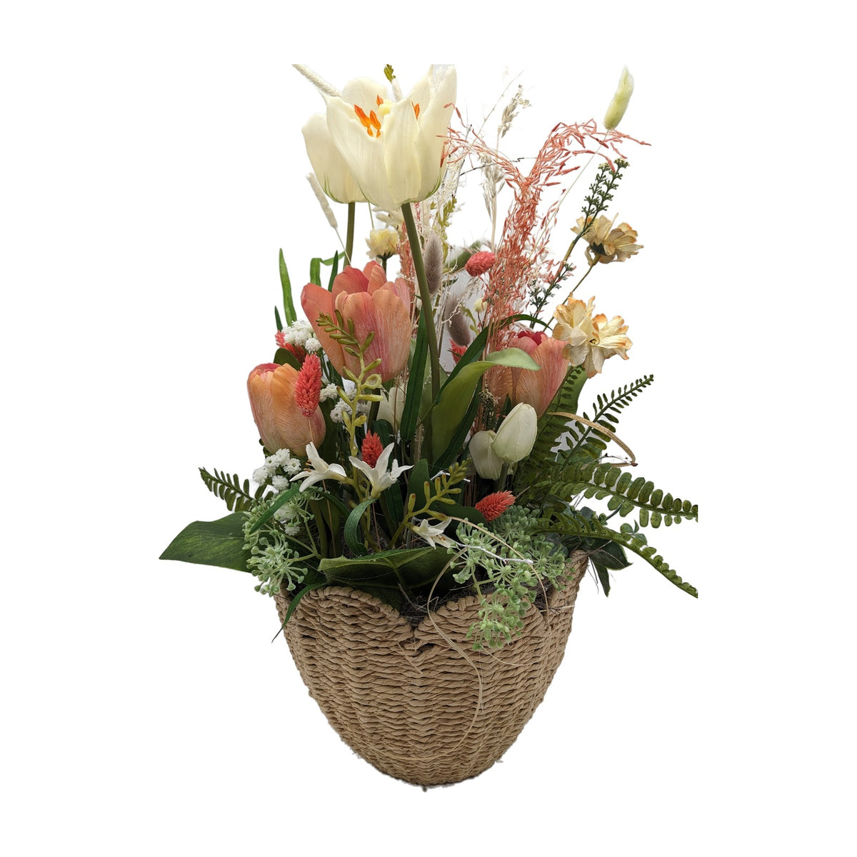Freigestellt Frühlingsgesteck Tulpen Gräser Farn creme apricot