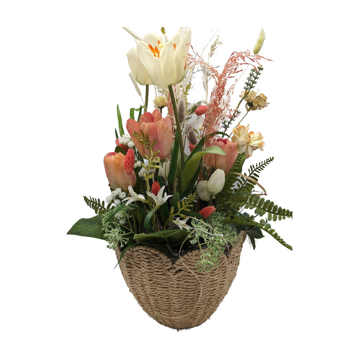 Freigestellt Frühlingsgesteck Tulpen Gräser Farn creme apricot