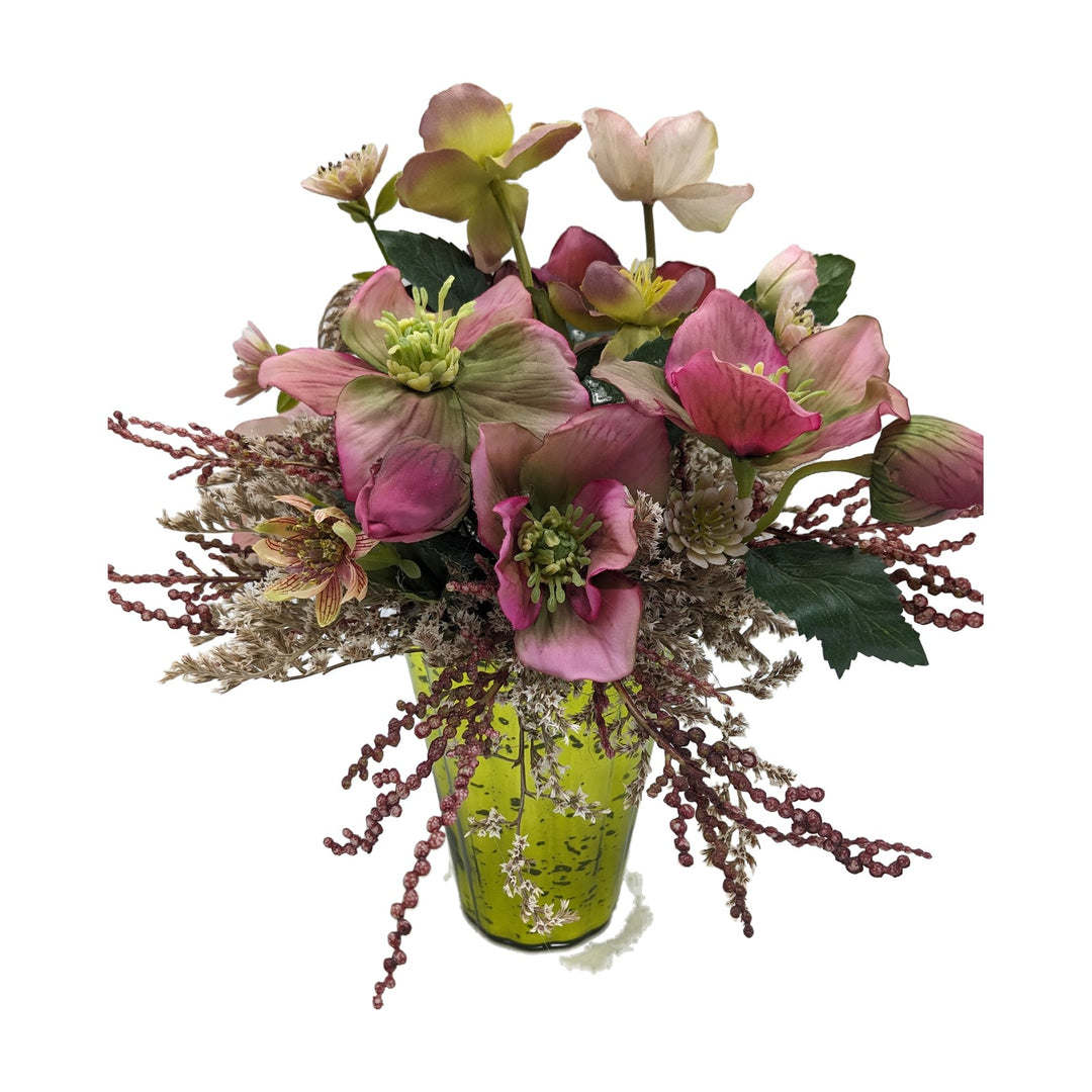 Freigestellt Frühlingsgesteck Christrosen Beerenzweige rosa lila