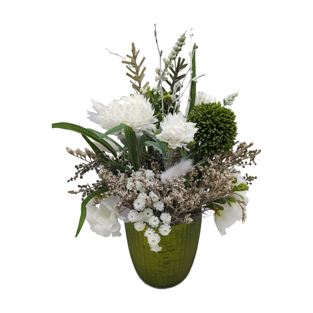 Freigestellt Sommergesteck Allium Chrysanthemen Gräser grün weiss