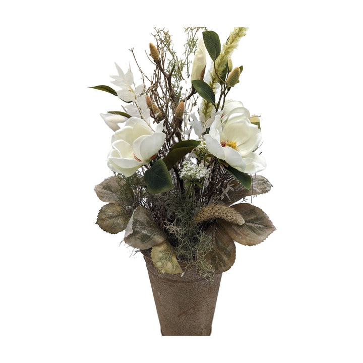 Freigestellt Frühlingsgesteck Magnolien Gräser Zweige creme weiß