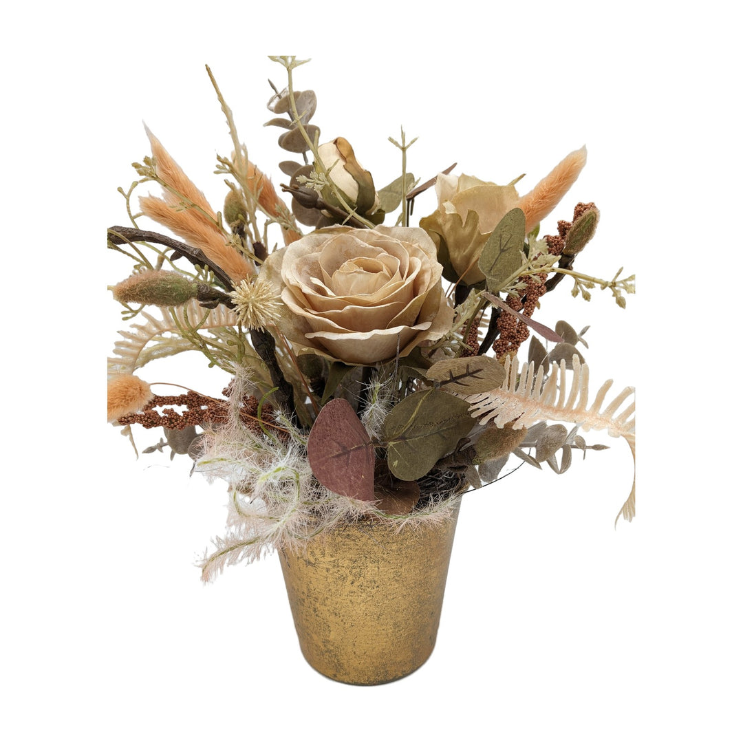 Freigestellt Herbstgesteck Rosen Gräser Eukalyptus apricot gold