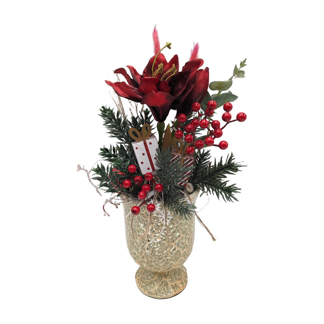Freigestellt Weihnachtsgesteck Amaryllis Beeren Tanne rot gold