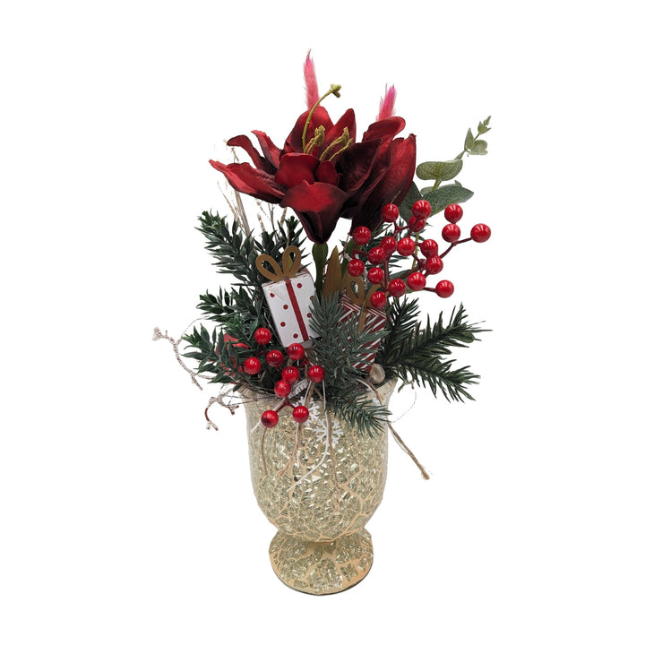 Freigestellt Weihnachtsgesteck Amaryllis Beeren Tanne rot gold