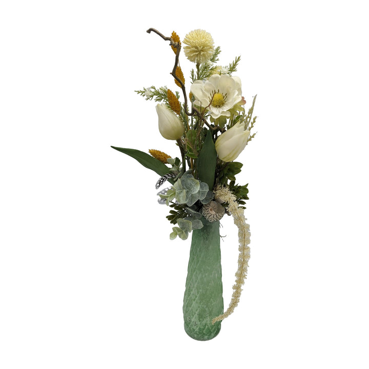 Freigestellt Frühlingsgesteck Vase Tulpen Anemone Eukalyptus weiss grün