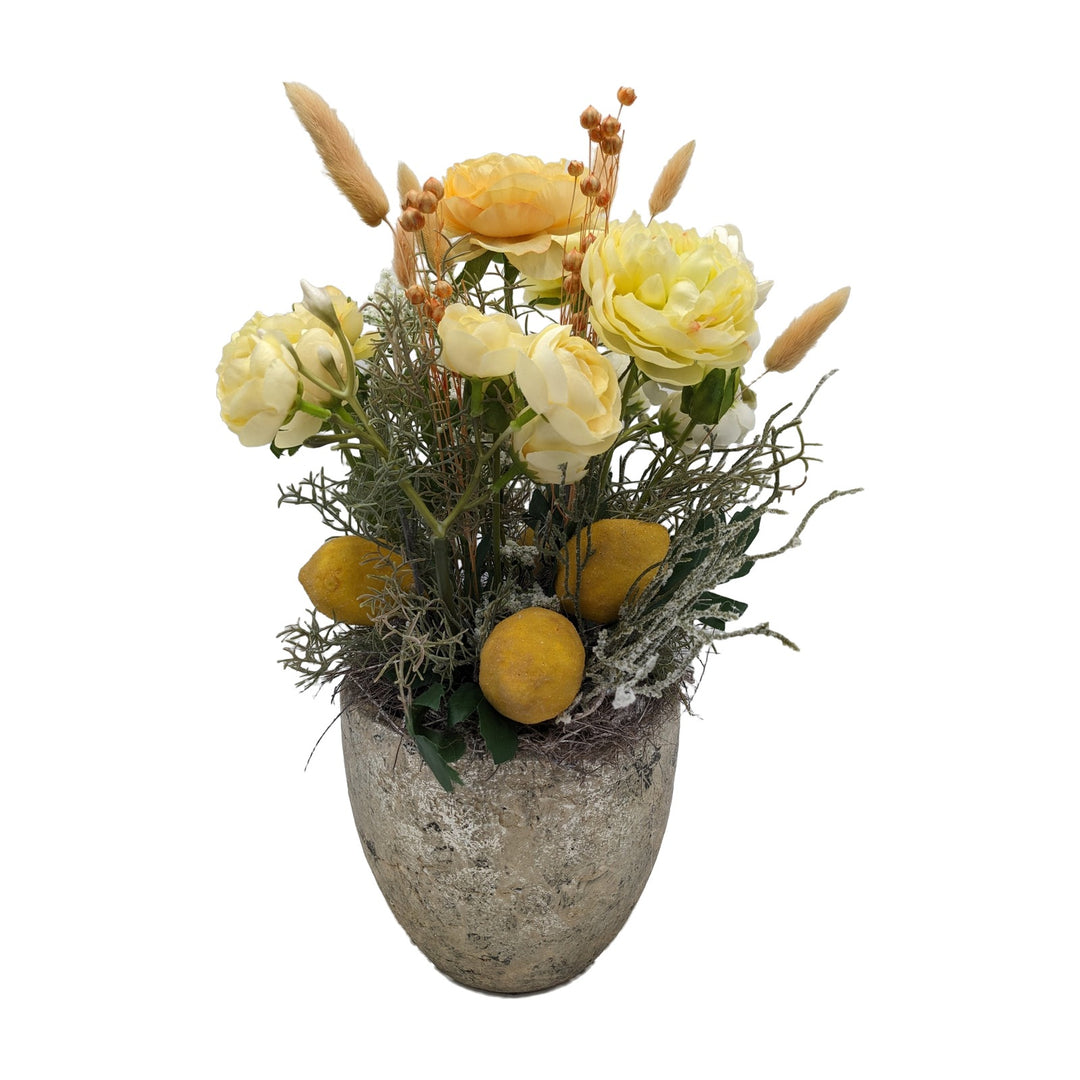 Freigestellt Sommergesteck Zitronen Rosen Gräser gelb weiss