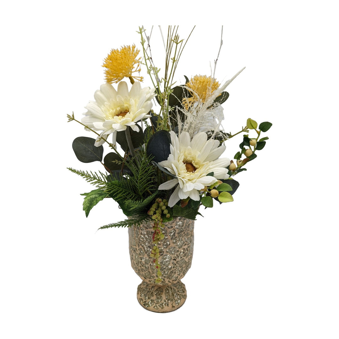 Freigestellt Sommergesteck Gerbera Beeren Gräser weiss gelb