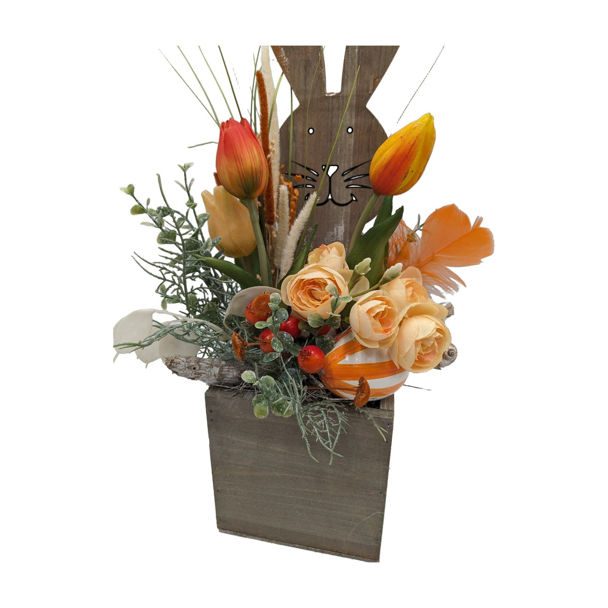 Freigestellt Ostergesteck Frühlingsgesteck Tulpen Ranunkeln Holzhase orange