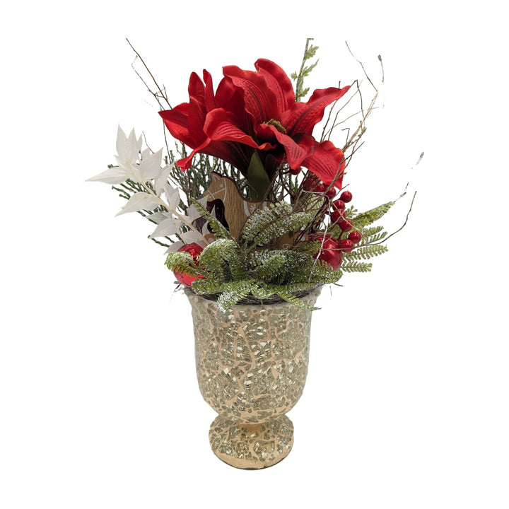 Freigestellt Wintergesteck Amaryllis Schaukelpferd Beeren rot gold