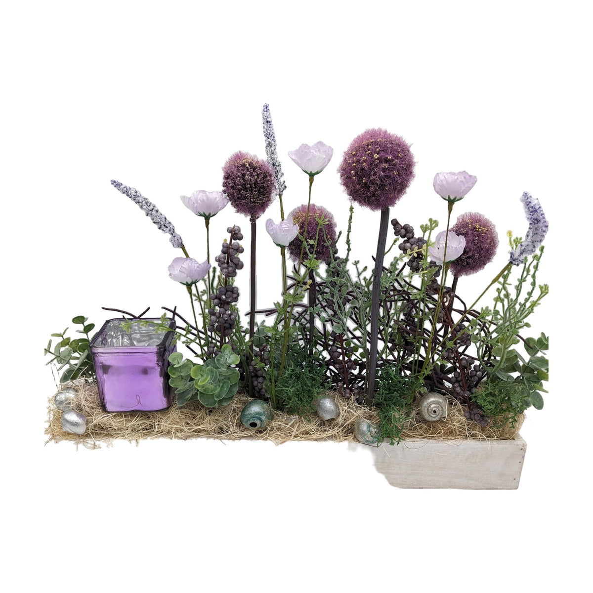 Freigestellt Frühlingsgesteck Wiesenblumen Allium Teelicht lila grün