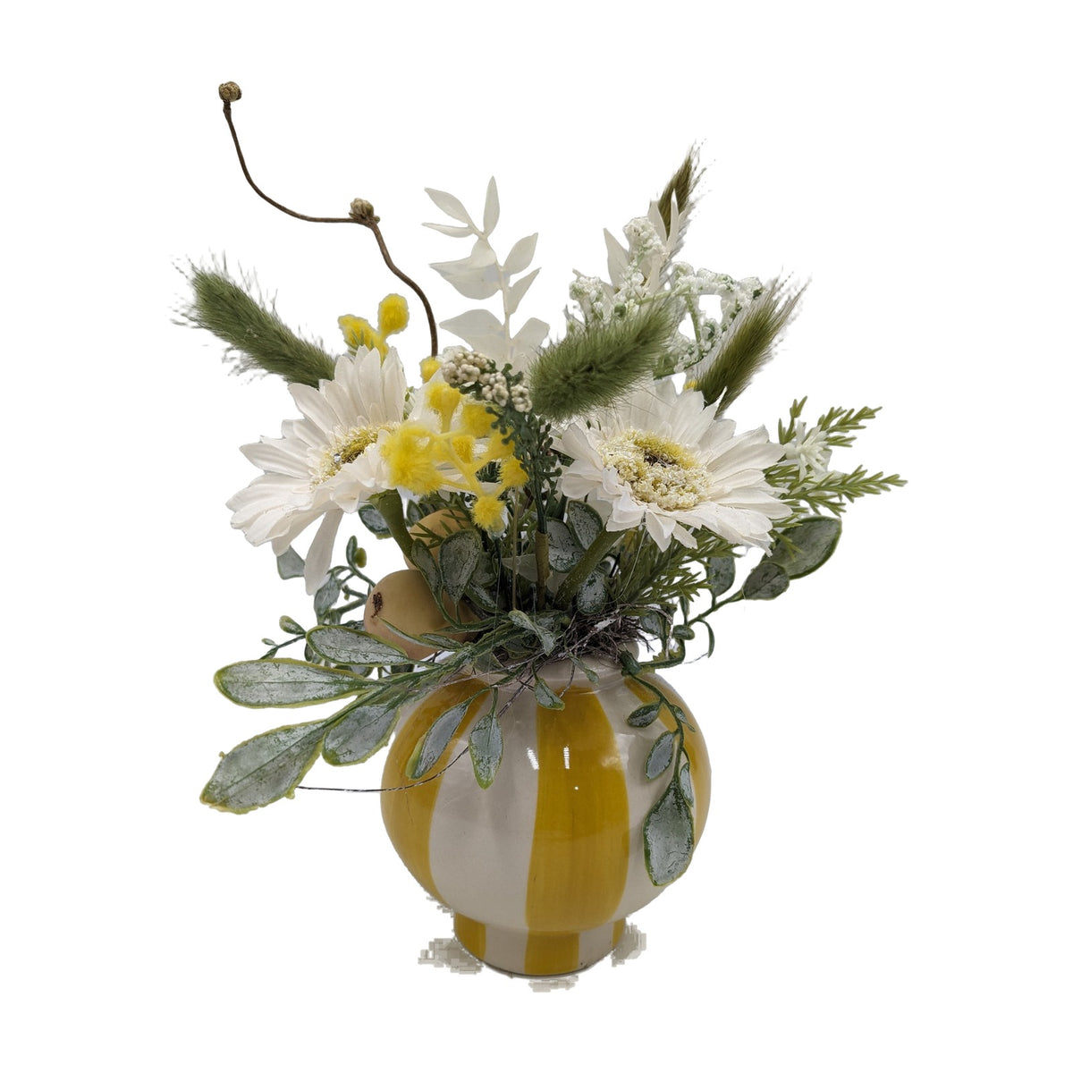 Freigestellt Frühlingsgesteck Margeriten Mimosen Gräser Vase gelb weiss