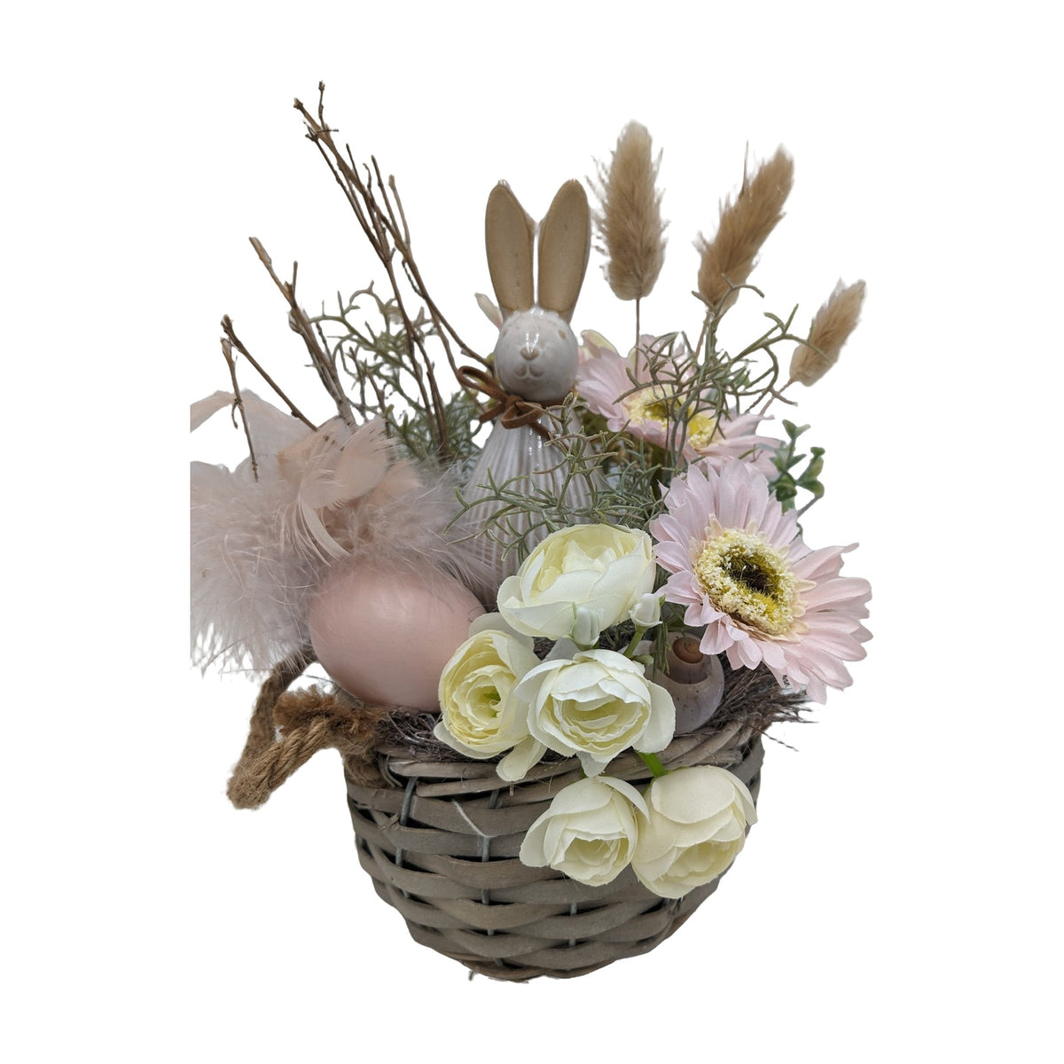 Freigestellt Ostergesteck Frühlingsgesteck Hase Ranunkeln Gerbera rosa weiß
