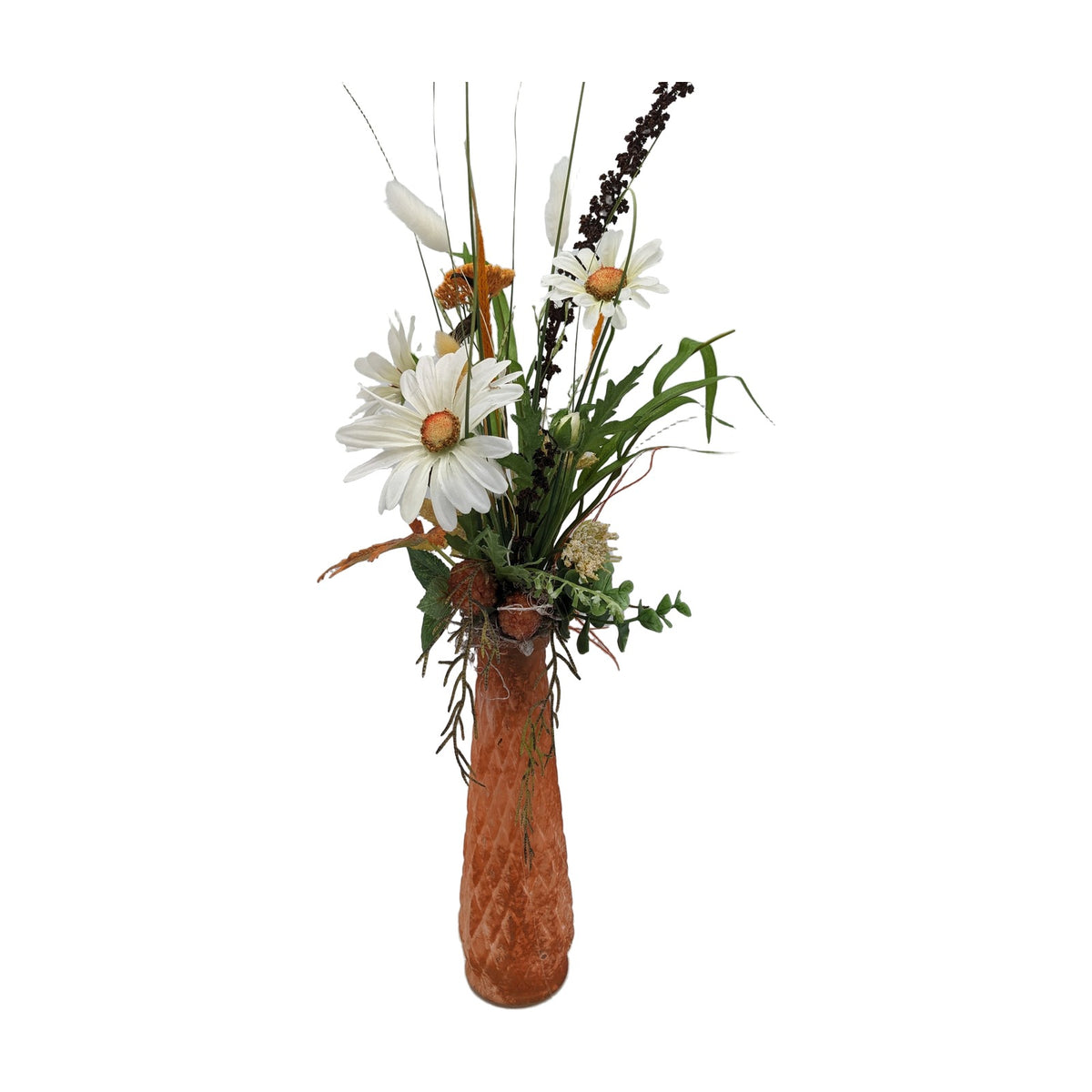 Freigestellt Frühlingsgesteck Margeriten Gräser Vase weiß orange