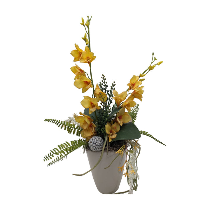 Freigestellt Frühlingsgesteck Orchidee Farn gelb grau
