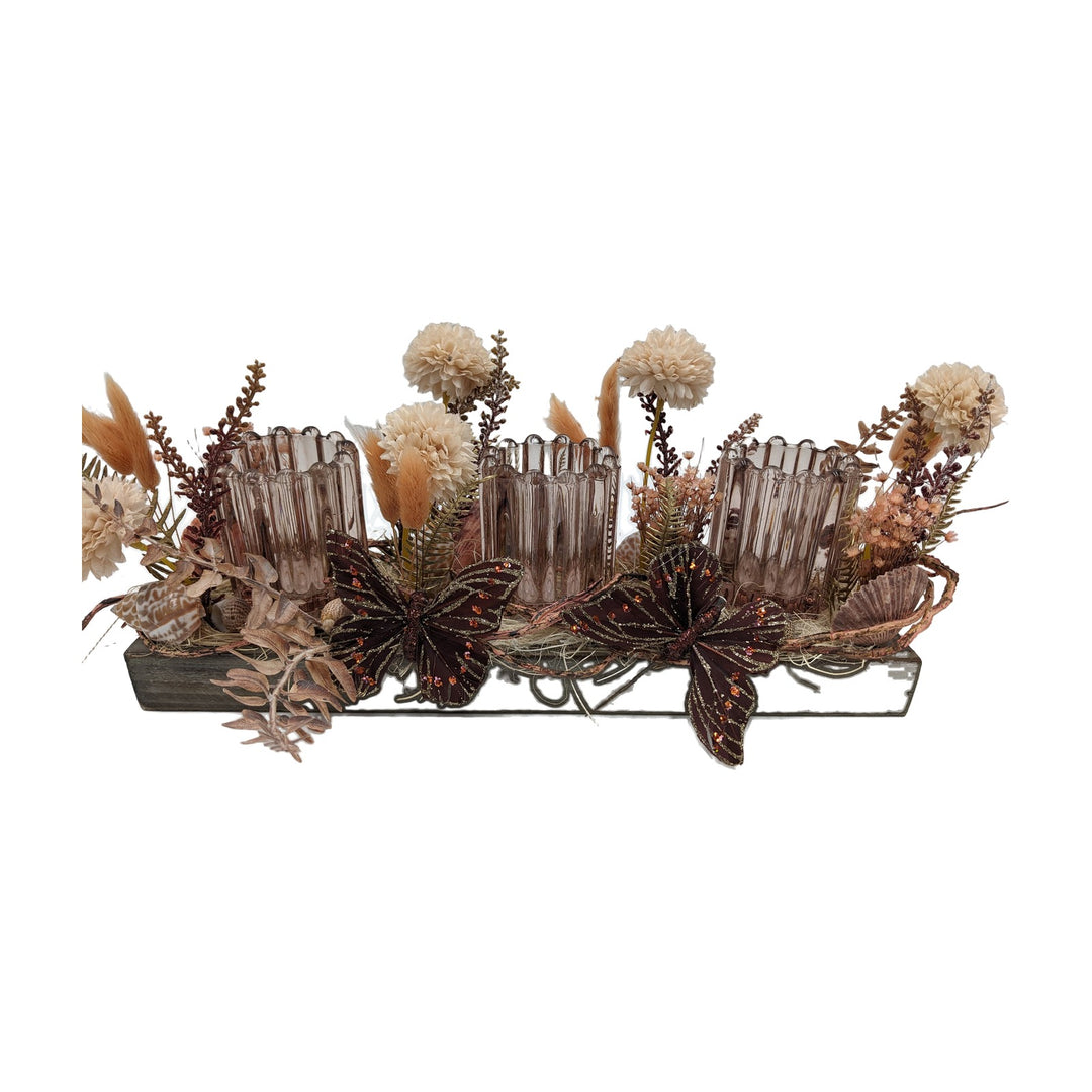 Freigestellt Herbstgesteck Teelicht Schmetterling Gräser Muscheln braun rosé