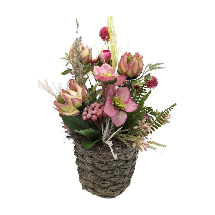Freigestellt Frühlingsgesteck Christrose Protea Gräser rosa grün im Korb