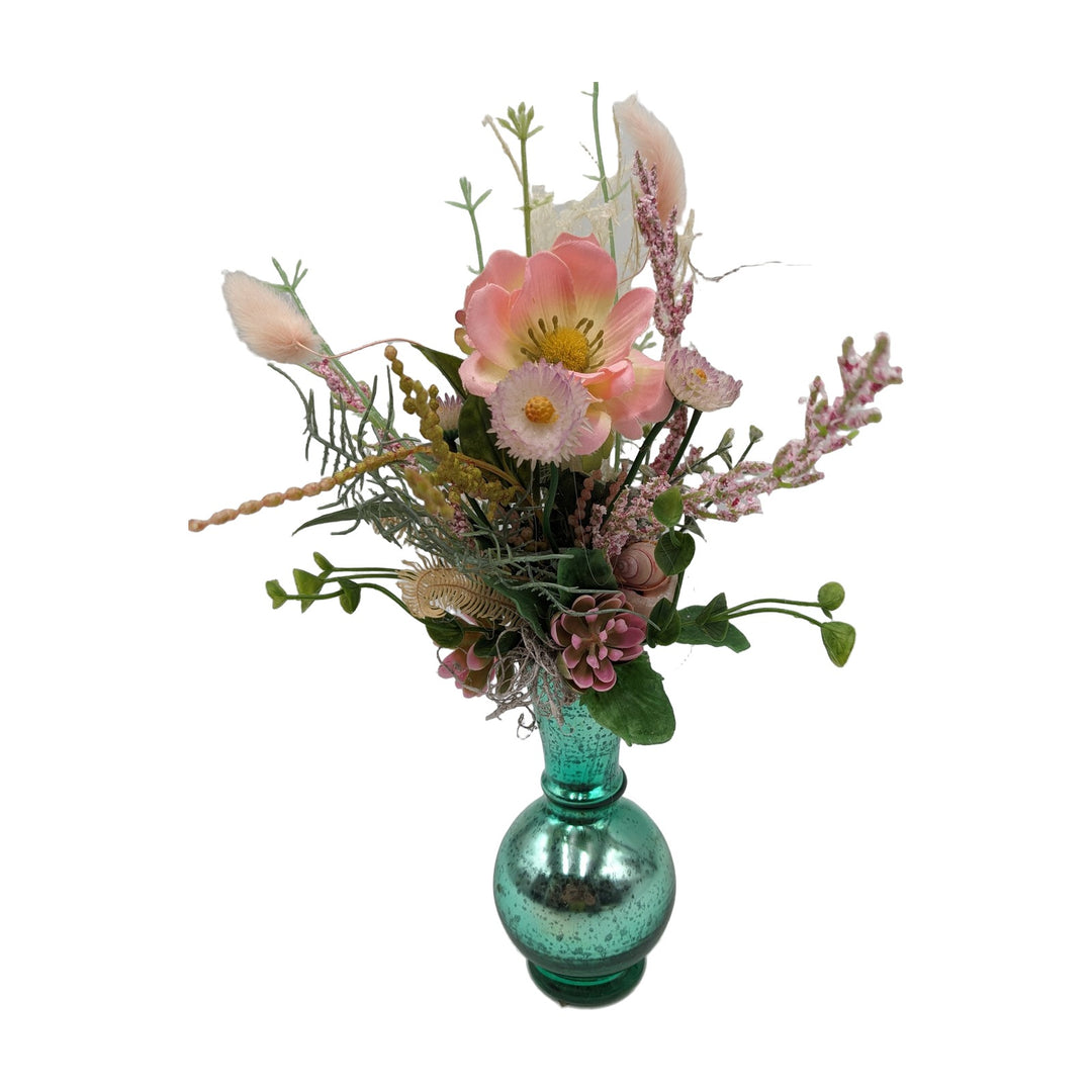 Freigestellt Frühlingsgesteck Anemone Strohblumen Gräser rosa türkis