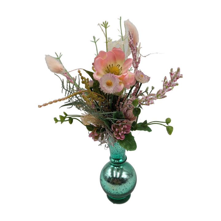 Freigestellt Frühlingsgesteck Anemone Strohblumen Gräser rosa türkis